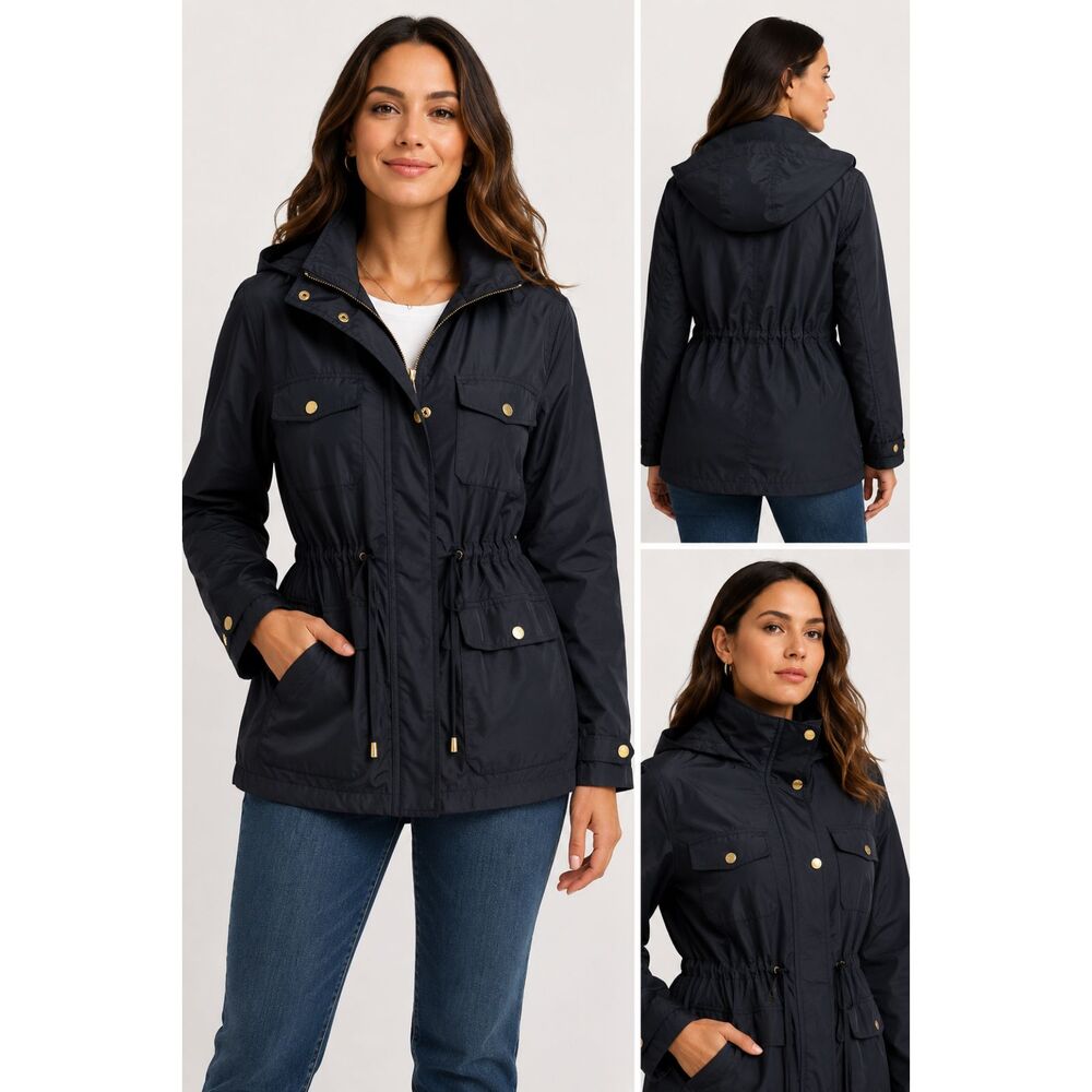 Vince Camuto XL Navy Hooded Utility Anorak Jacket Drawstring Waist Raincoat